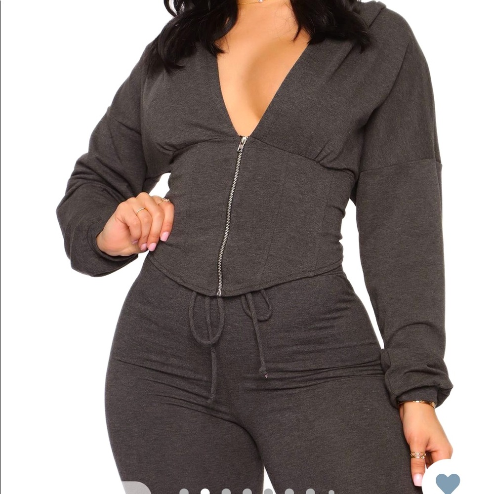 V- Neck Gray Hoodie set